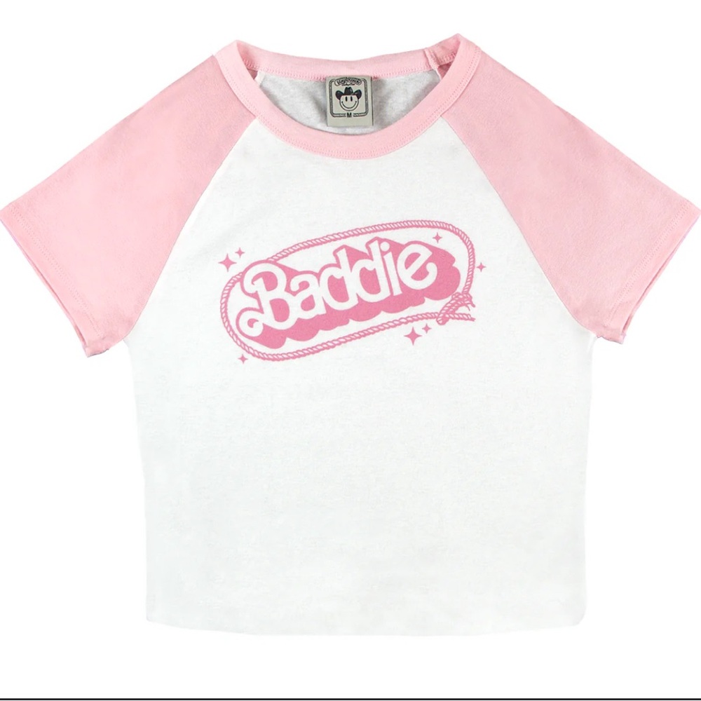 Baddie Barbie Vinyl Ranch baby tee size xs white tee